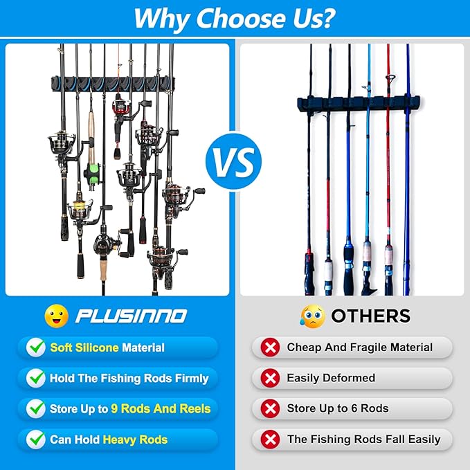 PLUSINNO 2 pack Vertical Fishing Rod rack, Wall Mounted Fishing Rod holder, 2 Packs Fishing Pole Holders Hold Up to 18 Rods or Combos, Fishing rod holders for garage, Fits Most Rods of Diameter 3-18mm