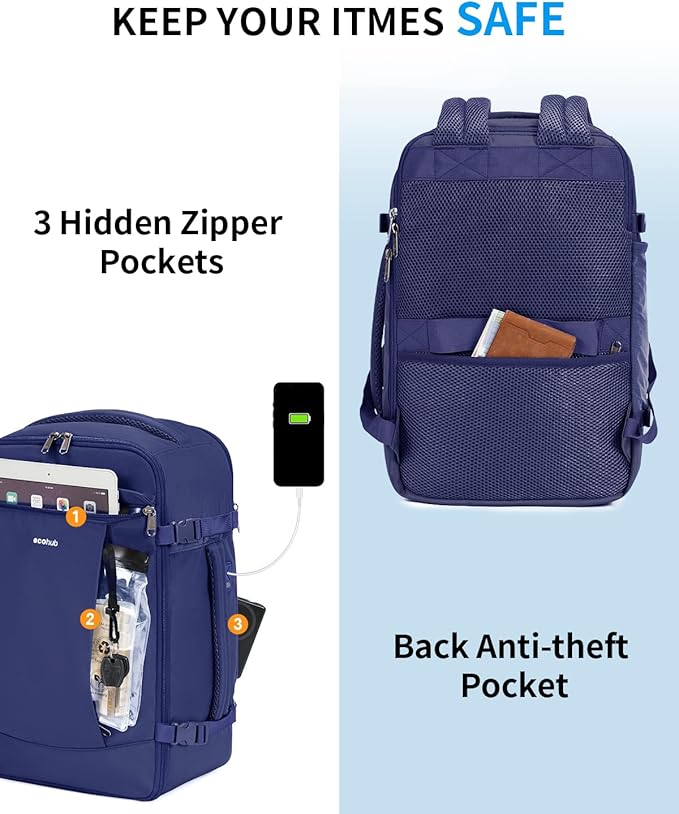 ECOHUB Travel Backpack for Men Women, Carry on Backpack with USB Charging Hole, Spirit Airlines Personal Item Bag Flight Approved, 15.6 Inch Laptop Backpack with Anti Theft Pockets, 30L, Navy Blue