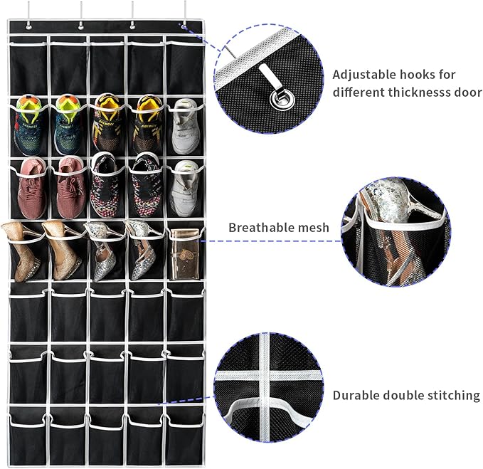 35 Pockets Over the Door Shoe Organizer, Hanging Shoe Organizer for Door with 35 Mesh Pockets Large Capacity Shoe Hanging Storage Bag with 4 Metal Hooks (Black-1Pack)