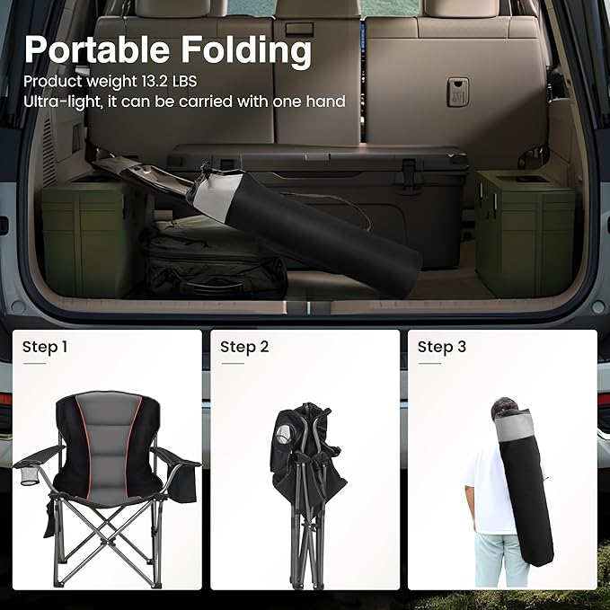 HIGH POINT SPORTS Oversized Portable Camping Folding Chair, Heavy Duty Foldable Outdoor Chair, Camp Chair with Cup Holder and Cooler Bag Support 450 LBS, Black…
