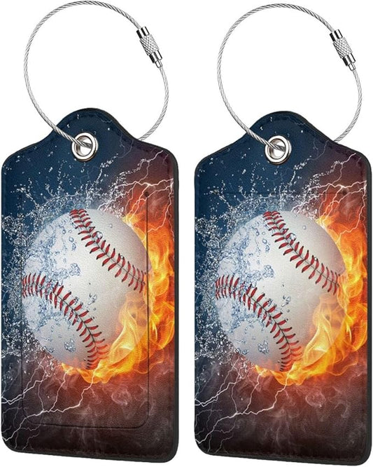 2 Pack Luggage Tags for suitcases Cute Baseball Luggage Tag, Leather Stainless Steel Loop Label Tag for Men Women Travel Bag Suitcase(Baseball)