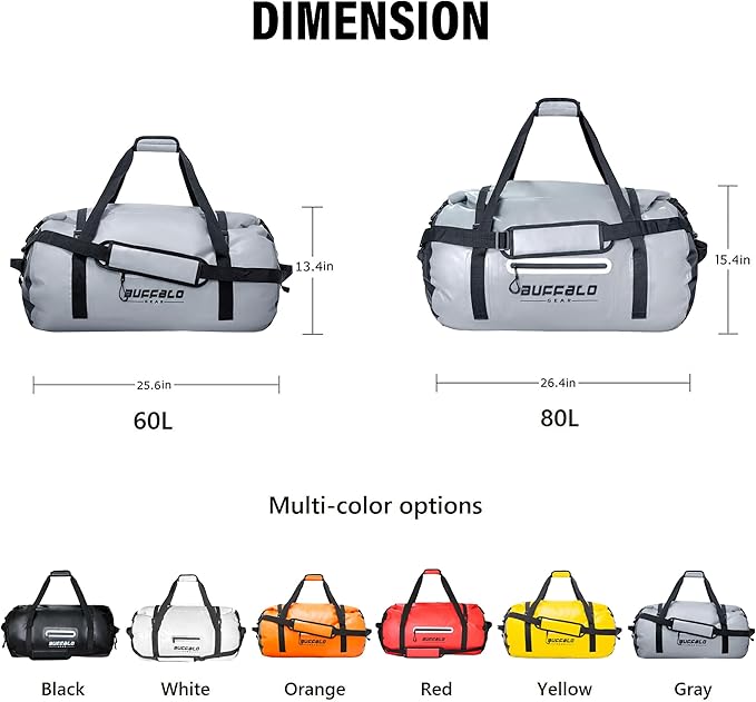 Buffalo Gear Waterproof Duffle Bag 40L 60L 80L Roll-top Dry Bag Heavy Duty Waterproof Duffel Travel Bag for Kayaking Rafting Boating Fishing Camping