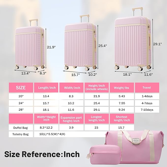 Merax Luggage Sets, Durable Hardshell 3 Piece Suitcase with Double Spinner Wheels and Handle Bags,Lightweight Carry on Luggage with TSA Lock,20+24+28 inches,Pink
