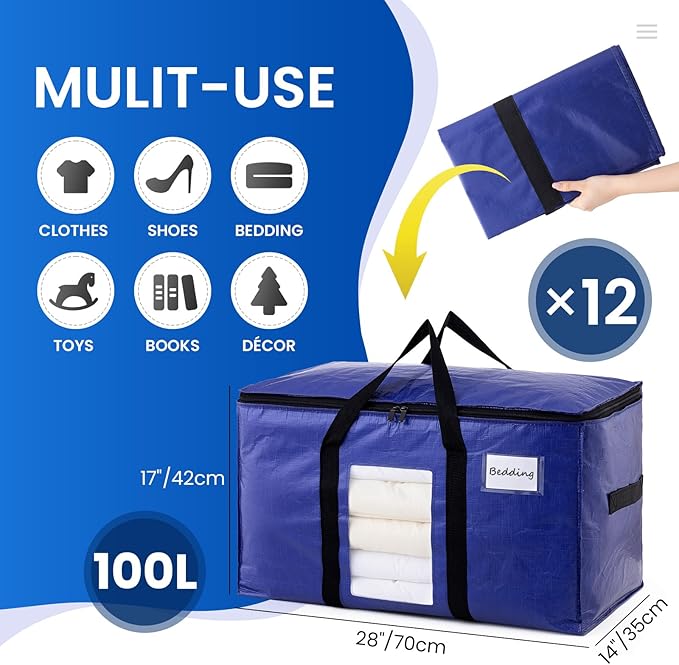 TAILI 12 Pack Dark Blue Extra Large Moving Bags, Heavy Duty Totes with Visible Window, Wrap Around Handles, Great for Space-Saving