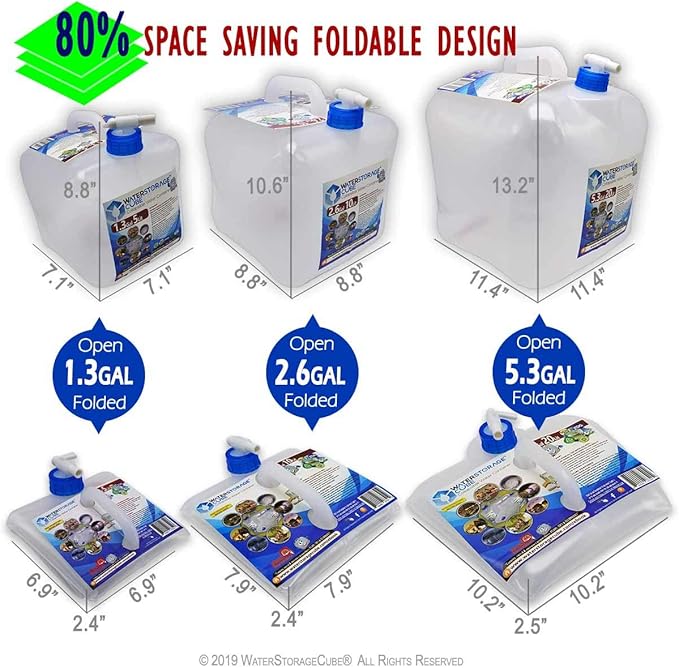WaterStorageCube BPA Free Collapsible Water Container with Spigot, Camping Water Storage Carrier Jug for Outdoors Hiking Backpack & Survival Kit, Foldable Portable Water Canteen 1.3/2.6/5.3 Gallon