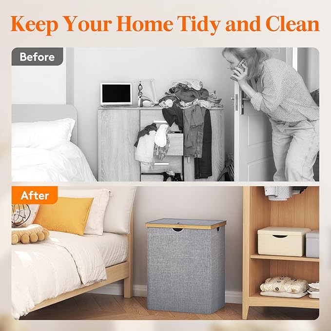 Lifewit 120L Double Laundry Hamper with Lid, Extra Large Bamboo Laundry Basket Dirty Clothes Hamper, 2 Section Laundry Bin Organizer for Laundry Room Bedroom with 2 Removable Liners & Bags,Light Gray