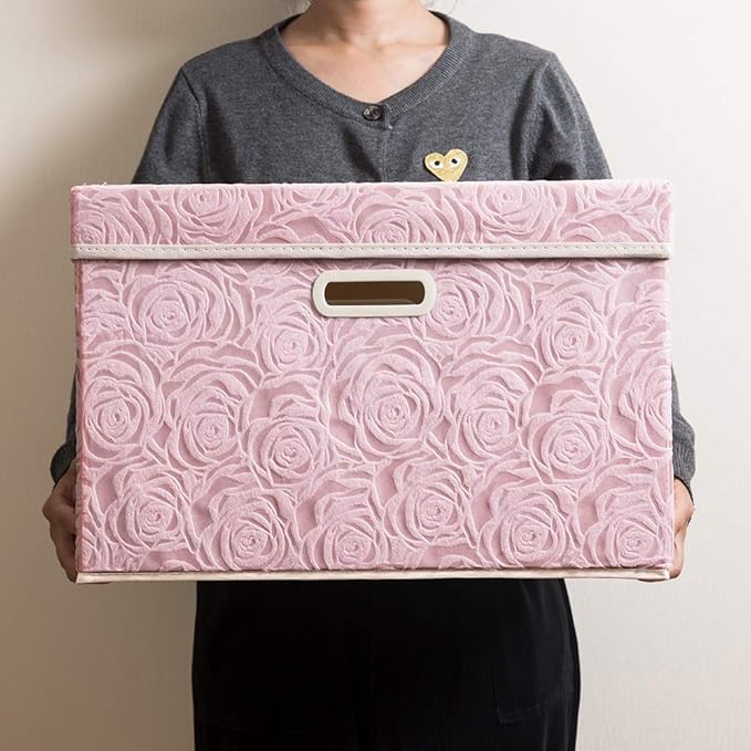 Prandom Larger Foldable Storage Boxes with Lid,Rose Pattern Fabric Decorative Storage Box,Cubes Organizers,Baskets with Handles,For Bedroom,Closet, Living Room,Pink,45x30x30cm[3-Pack]