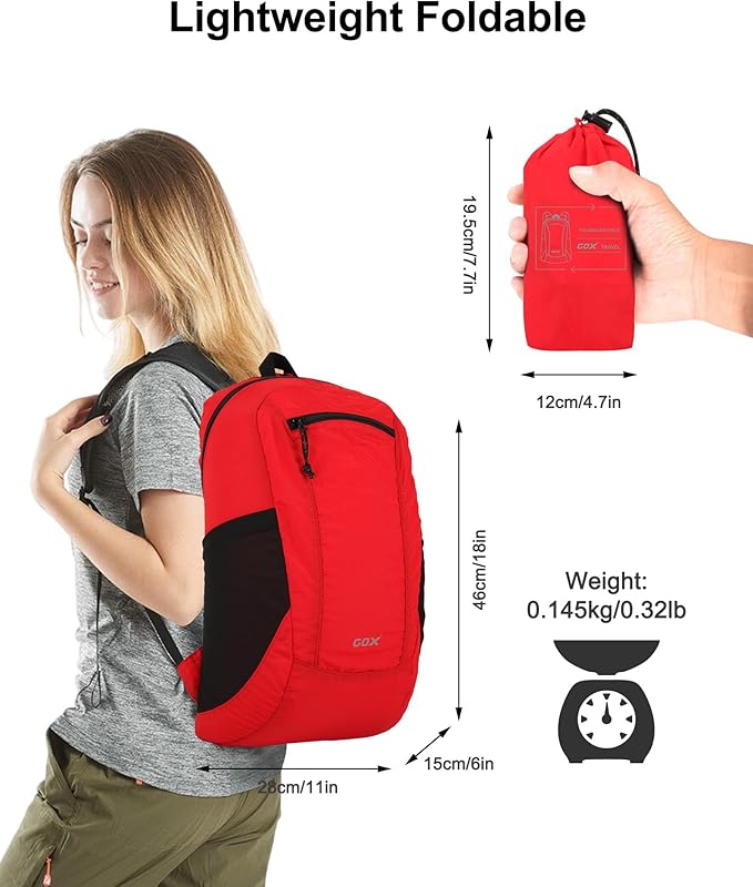 GOX Foldable 20l Backpack For Travel Lightweight Hiking Packable Daypack for Men Travel Camping Outdoor Bag Women (Red)
