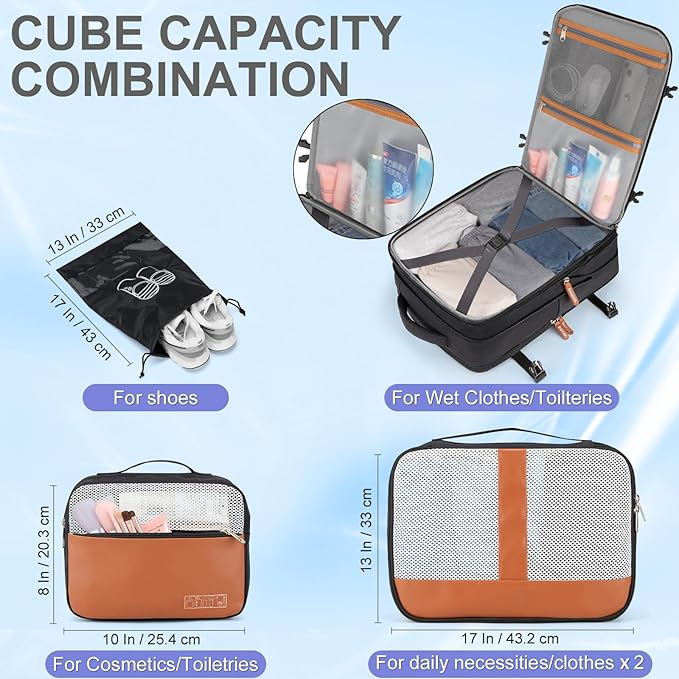 42L Travel Laptop Backpack, Expandable Carry-on Luggage, Anti-Theft Business Weekender Bag with USB Port, 3 Packing Cubes & Shoe Bag (Black)