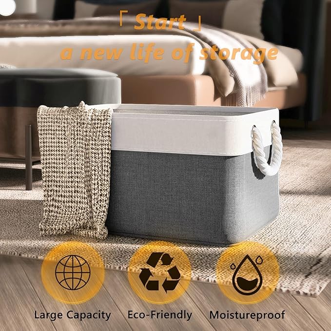 TheWarmHome Organization and Storage Basket for Organizing- 16x12x8 inch 1 Pack Fabric Storage Cubes, Collapsible Storage Bins for Shelves Organizer Gift Closet Cloth Toy (White & Grey)