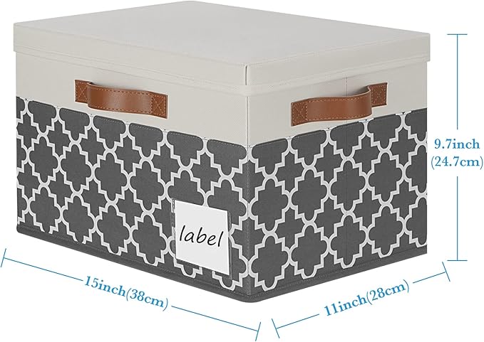 Large Storage Bins with Lids, Foldable Fabric Storage Baskets with Lids, Sturdy Storage Boxes with Labels and 3 PU Handles for Closet Home Bedroom Office (26L, 3 Packs, Grey Plaid&White)