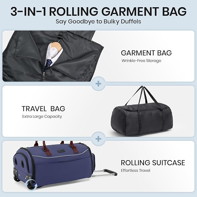 Fanwoli 3-in-1 Rolling Garment Bag for Travel, Wheeled Carry-On Luggage with Shoe Storage & Detachable Organizer, Wrinkle-Free Compartment for Suits/Dresses/Wedding Gowns, Fits Most Airline Size