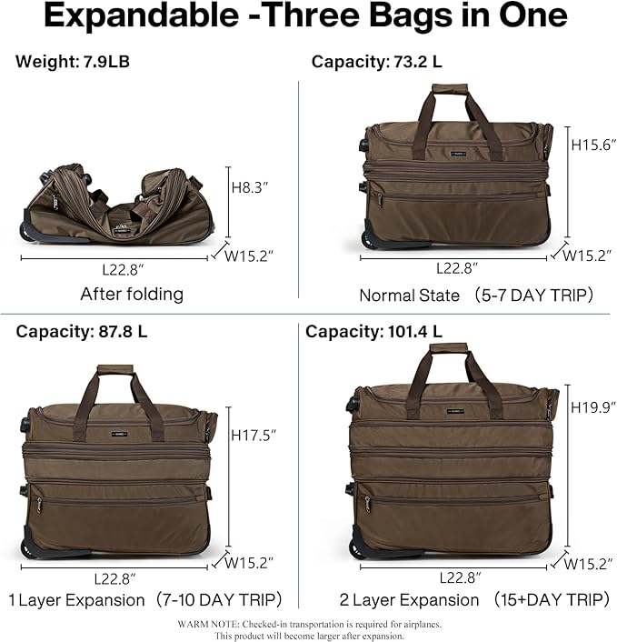 Hanke Large Expandable checked Luggage Suitcases with Wheels Foldable Duffle Bag for Travel suitcase for Women Men Garment Bag（Coffee）