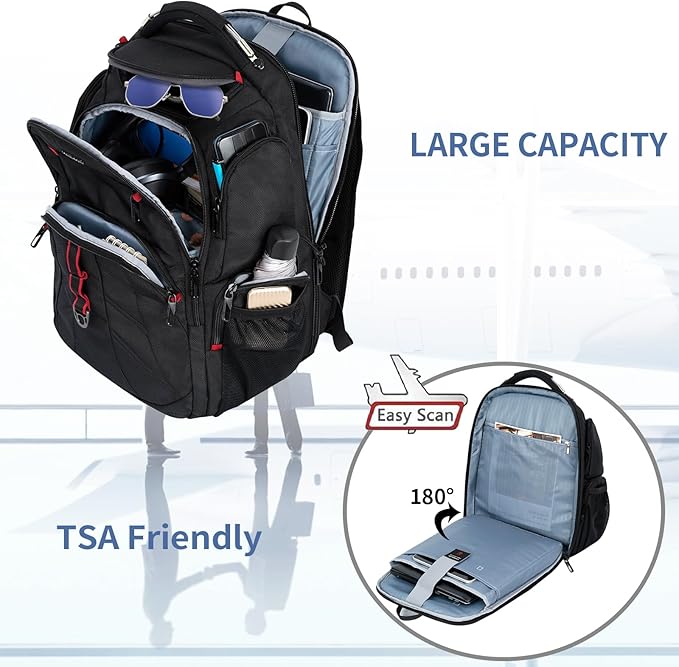 VANKEAN Travel Laptop Backpack 17.3 Inch TSA Friendly, Water-Repellent Anti Theft XL Computer Backpack with RFID Pockets College Backpacks with USB Port for Men Women Business Work Bag, Black
