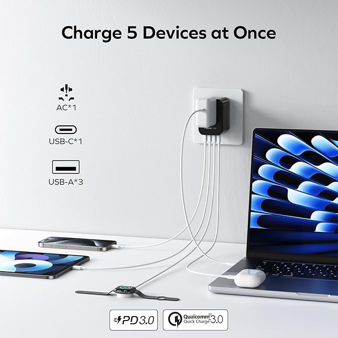 MOMAX European Travel Plug Adapter, Worldwide All in One Travel Adapter, International Power Adapter Wall Charger with 3 USB A and 1USB C Charging Ports for Travel Essentials (Type C/G/A/I)
