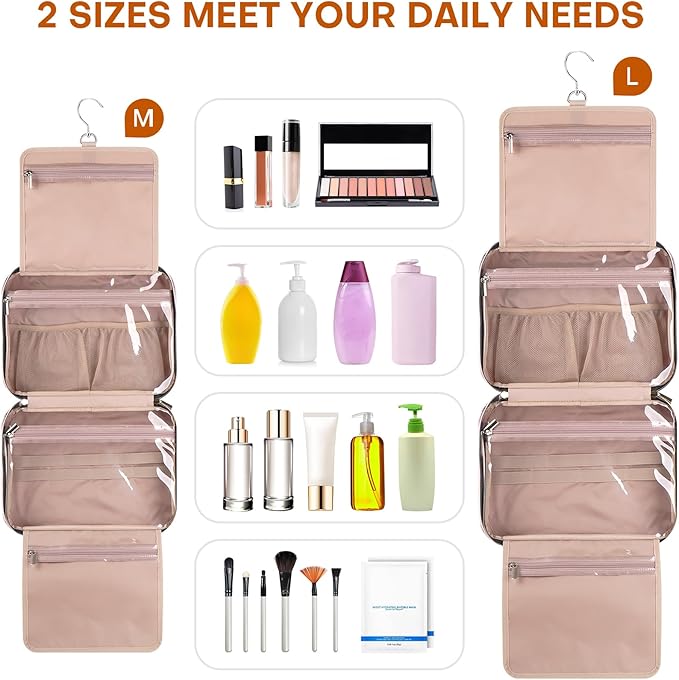 Hanging Toiletry Bag for Women Travel, 2 Sizes Large & Small Waterproof Cosmetic Organizer with 4 Compartments, Rotating Hook, Foldable Pink Travel Bag for Toiletries & Makeup - Medium Pink