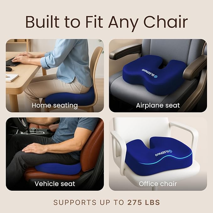 Sleepavo Office Chair Cushion - Seat Cushion for Tailbone Pain Relief - Butt Pillow for Coccyx, Sciatica, and Lower Back Pain - Orthopedic Chair Pad for Lumbar Support in Office Desk (Navy Blue)
