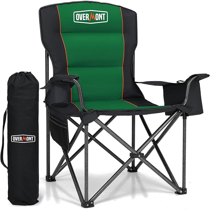 Overmont Oversized Folding Camping Chair - 450lbs Support with Padded Cushion Cooler Pockets - Heavy Duty Collapsible Chairs for Sports Garden Beach Fishing