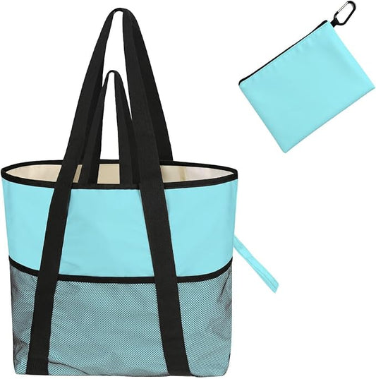 8-Pocket Waterproof Tote for Women -Sandproof Beach Bag with Zipper& Family | Foldable Travel Swim Bag (Gift-Ready)