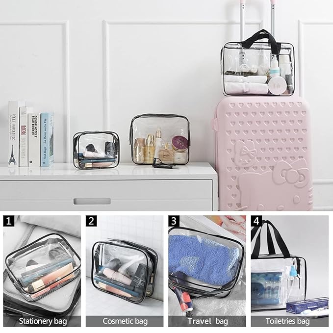 2Pcs Crystal Clear PVC Travel Toiletry Bag Kit for Women Men, Waterproof Vinyl Packing Organizer Storage Bags with Zipper Handle Straps, Cosmetic Pouch Carry on Airport Airline Compliant Bag Handbag