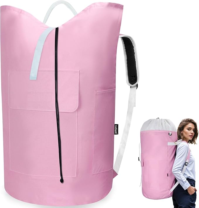 Laundry Bag Backpack, 125L Extra Large Travel with Shoulder Straps, Adjustable & Extendable Design, Laundry Hamper Bag with 3 Pockets for Laundromat, College, Travel, Camping (Pink)