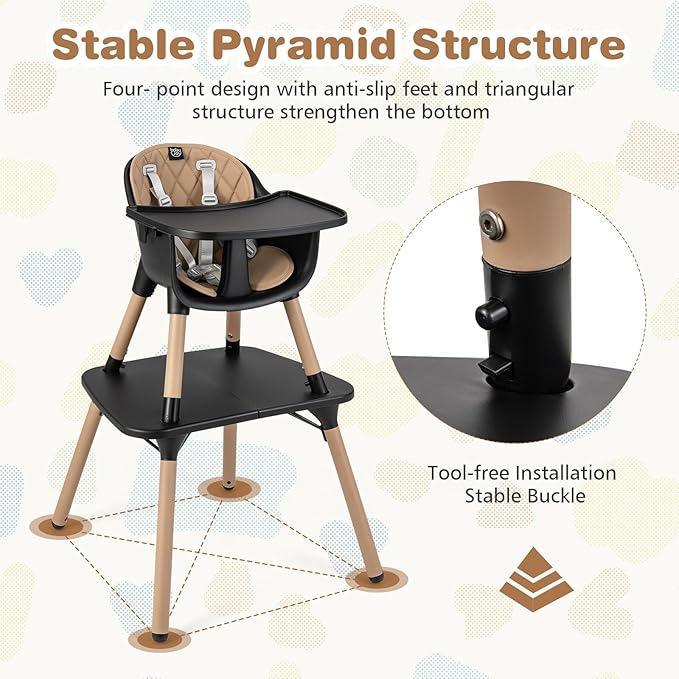 BABY JOY High Chair, 5 in 1 Convertible Highchair for Babies & Toddlers | Booster Seat | Table and Chair Set | Infant Feeding Chair with Removable Tray, Safety Harness, Removable Cushion (Brown)