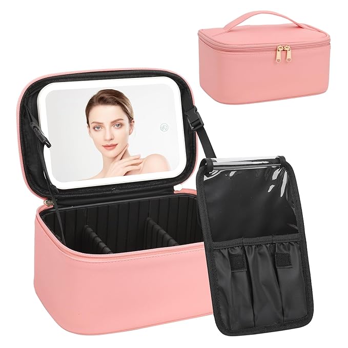 Makeup Bag With LED Mirror, Travel Makeup Bag With 3 Color Setting Light Up Mirror Cosmetic Makeup Organizer Vanity Case for Women Beauty Tools Accessories Rechargeable Makeup Travel Bag - Pink
