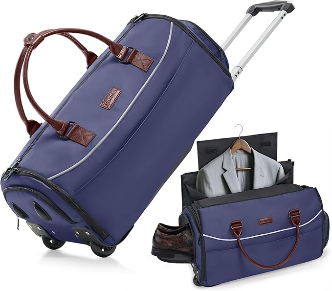Fanwoli 3-in-1 Rolling Garment Bag for Travel, Wheeled Carry-On Luggage with Shoe Storage & Detachable Organizer, Wrinkle-Free Compartment for Suits/Dresses/Wedding Gowns, Fits Most Airline Size