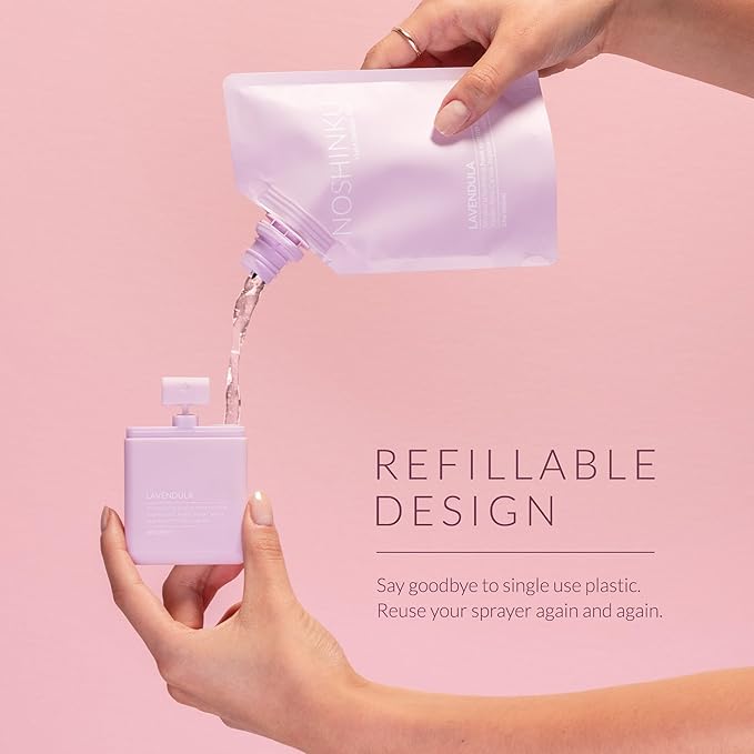 Noshinku Lavender Pocket Hand Sanitizer Refill Kit: Refill Pouch + Sprayer Bundle | Organic Antibacterial Sanitizing Mist with Moisturizing Oils | FDA Registered | 70% Sugarcane Derived Alcohol