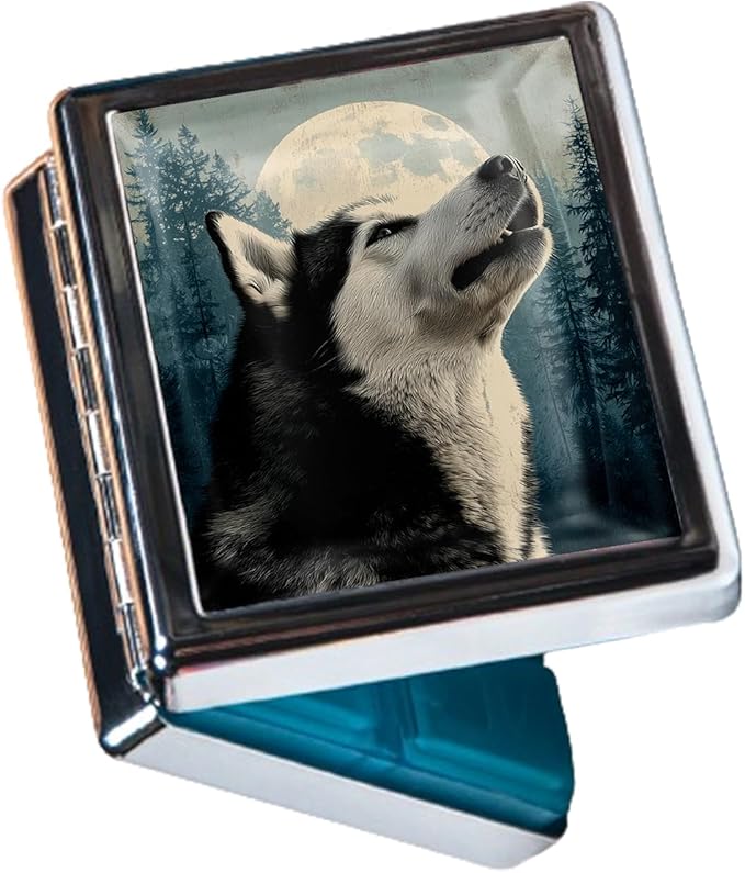 8‑Compartment Metal Pill Box Organizer – Portable Medicine Case 3″×2.6″ | Food‑Grade Dividers | Secure Snap Button Lid | Travel & Gift for Seniors (Howling at The Moon)