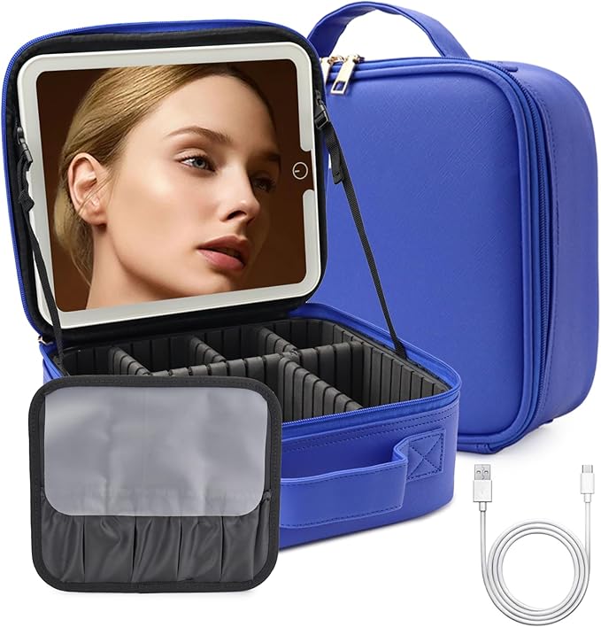 Travel Makeup Bag with LED Lighted Mirror, Travel Makeup Organizer,3 Color Setting Cosmetic Makeup Box, Adjustable Dividers and Brush Holder（dark blue）