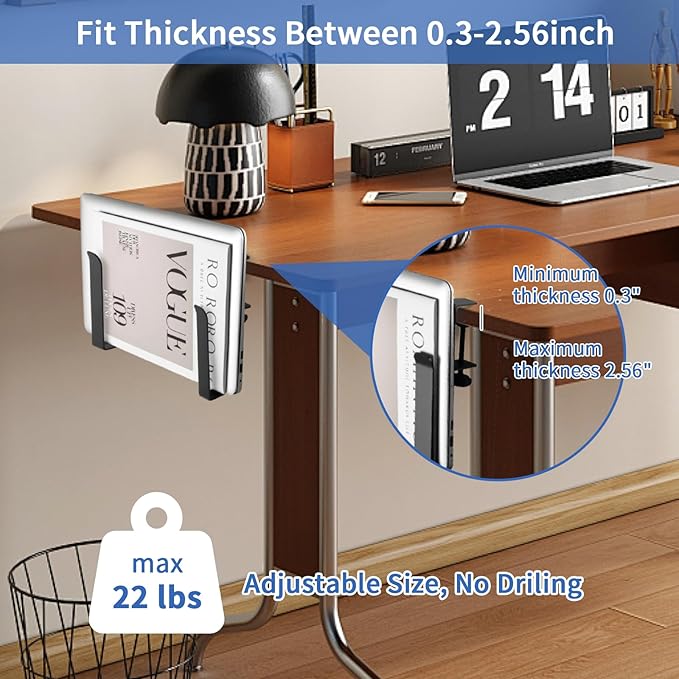 LUKETURE Adjustable Side Laptop Mount, No Drill Laptop Holder, Under Desk Storage, Clamp-On Laptops Stands, Desk Side Mount for Laptops, Mac mini, Keyboard with Anti-Scratch Silicone