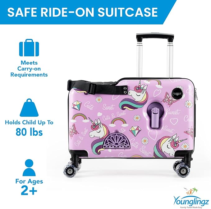 Younglingz LIL FLYER GO Version 2 Ride On Suitcase for Kids | Carry On Luggage with Toddler Seat, Foldable Handlebars, Pedals, and Removable Wheels | Holds up to 80 lbs | Glam | Ages 2-6