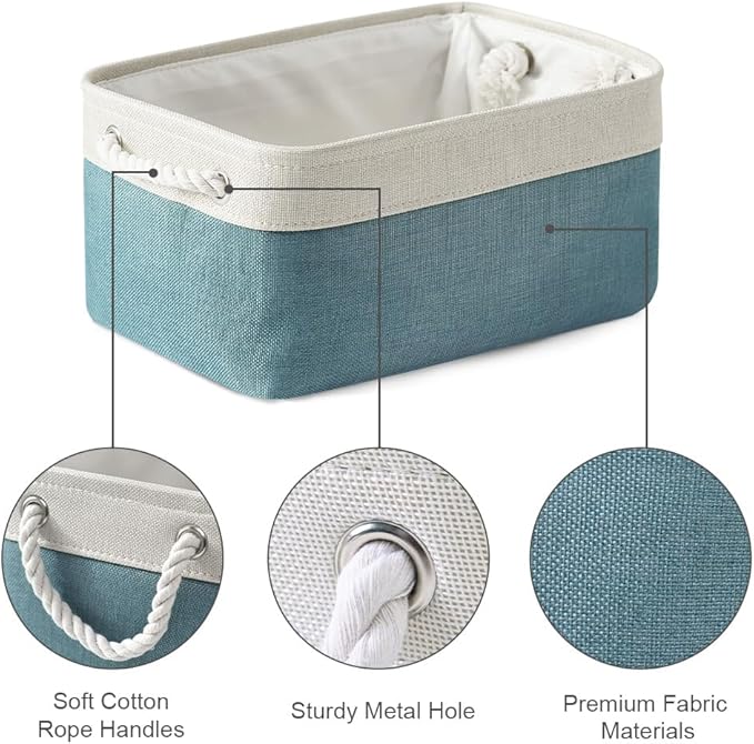TheWarmHome Fabric Storage Bins Baskets for Organizing,Sturdy Storage Basket W/Handles, Decorative Foldable Storage Baskets for Shelves Closet Nursery Toy (White&Teal, Medium - 3 Pack)