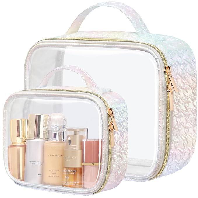 PACKISM TSA Approved Toiletry Bag - Ruched Textured Clear Makeup Bag, Iridescent White, with 180° Large Opening and Supporting Frame, Perfect for Travel Essentials, Thick No Smell