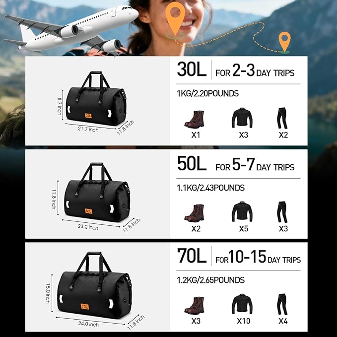 Waterproof Duffel Bag, 30L Roll-top Motorcycle Dry Bag with Air Valve & Quick-fixed Straps, Travel Duffle Bags for Kayaking Paddle Boarding Rafting Boating Camping Riding Fishing - Black
