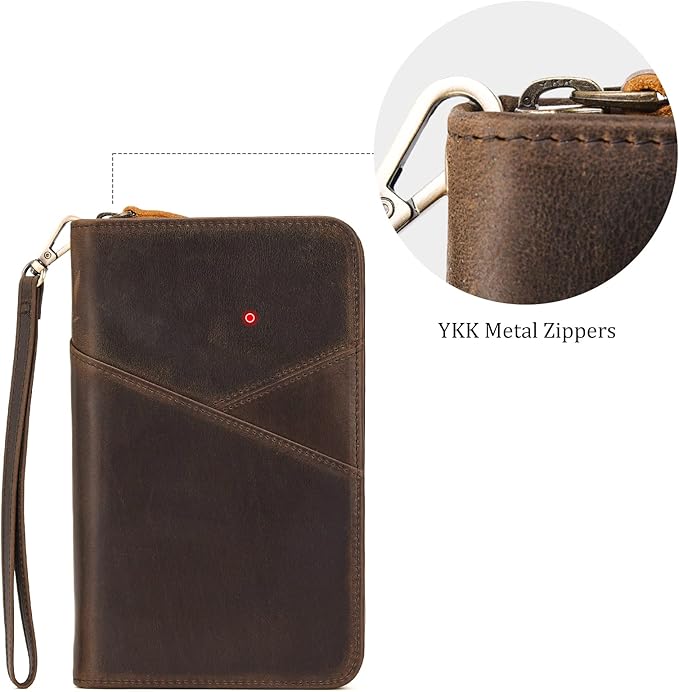 Polare Full Grain Leather Passport Holder With YKK Zipper RFID Blocking Travel Document Organizer Ticket Holder Cover Case Holds 2 Passports (Dark Brown)