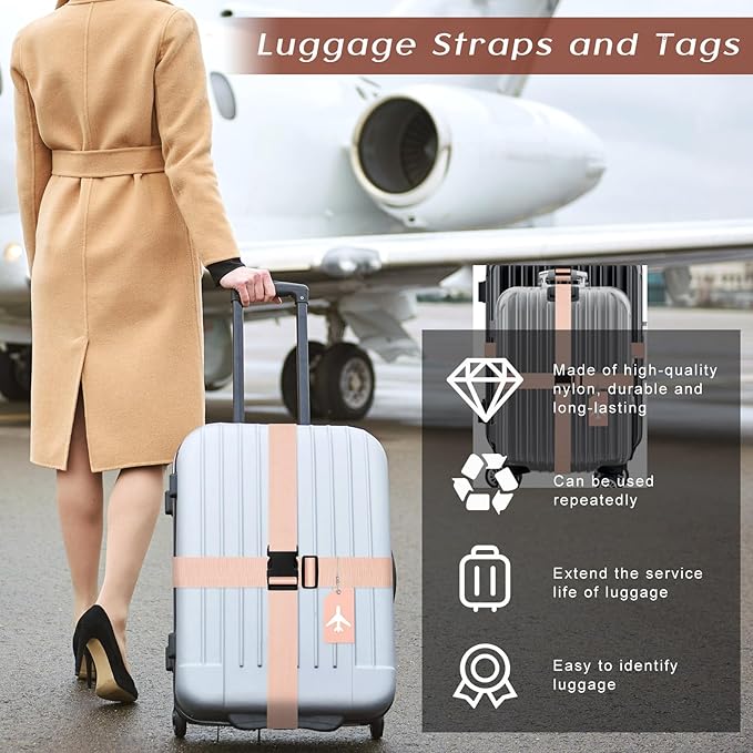 Weewooday 8 Pcs Luggage Straps Suitcase Tags Set for TSA Approved, 4 Travel Adjustable Suitcase Belt, 4 Silicone Luggage Tags with Name ID Card Travel Accessories(Light Pink,Airplane)