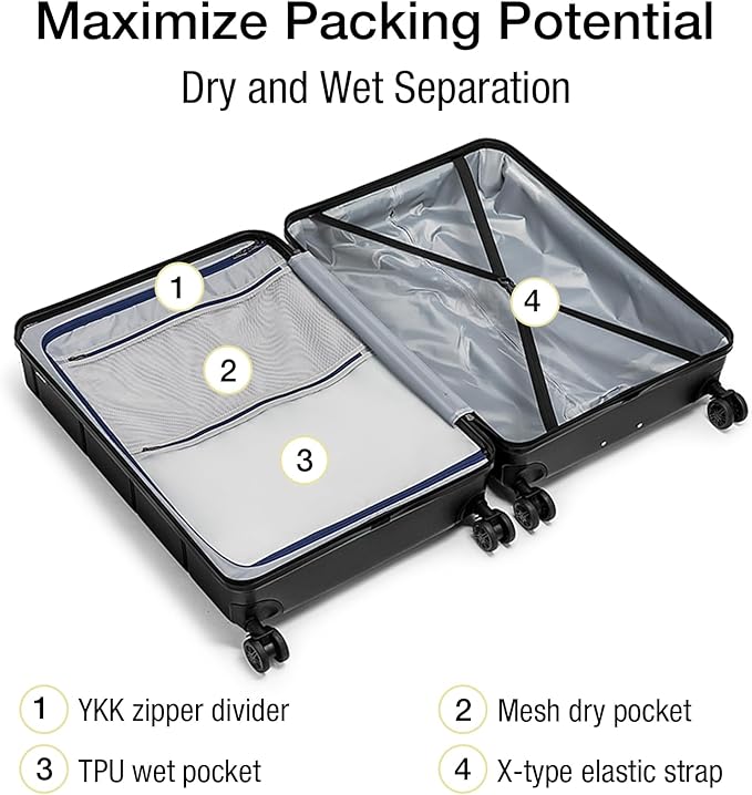 KYME Luggage Sets 3 Piece Hardshell 22in/26in/30in Suitcases with Spinner Wheels Hardside Suitcase Sets with TSA Lock Travel Rolling Luggage Set for Women Men Black