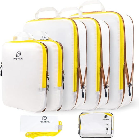 Lightweight Compression Packing Cubes for Suitcases, Compressible Expandable Travel Packing Organizer with Clear Toiletries and Backpack Bag, Travel Essentials for Carry on Luggage 7 Set
