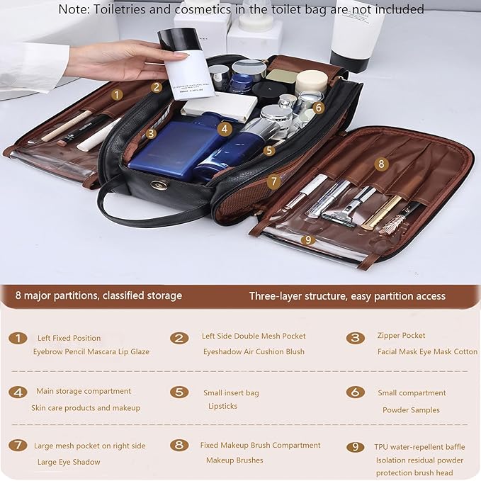 Travel Toiletry bag for men PU Triple-layer Double Zipper Toiletry Bags,Waterproof with Handle Mens Toiletry Bag Stowable Brushes, Toiletries Makeup for Business Trips Camping Bathroom Black