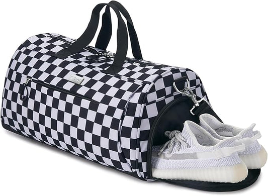TOPDesign Gym Bag for Women & Men, Unisex Duffel Bag with Shoe Compartment & Wet Pocket for Travel Sports Gym (L Checkerboard)