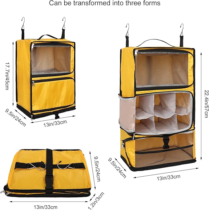 TABITORA Travel Portable Hanging Shelves Closet Organizer Packing Luggage Storage with Multifunctional and Foldable Invisible Compartment,Lightweight, for Suitcase, RV,Closet…Yellow,XL