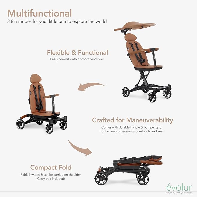 Evolur Cruise Rider Stroller with Canopy, Lightweight Umbrella Stroller with Compact Fold, Easy to Carry Travel Stroller - Cognac