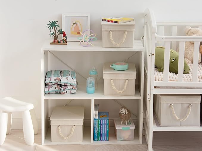 StorageWorks Storage Bins with Lids, Decorative Storage Boxes with Lid and Soft Rope Handles, Foldable Storage Baskets for Closet, Shelves, Stackable, 3-Pack, Ivory and White, Medium