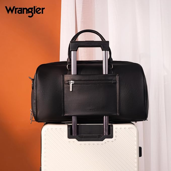 Wrangler Travel Duffel Bag Large Weekender Bag for Women Designer Carry on Overnight Bag for Trips Leather Luggage Bag Black