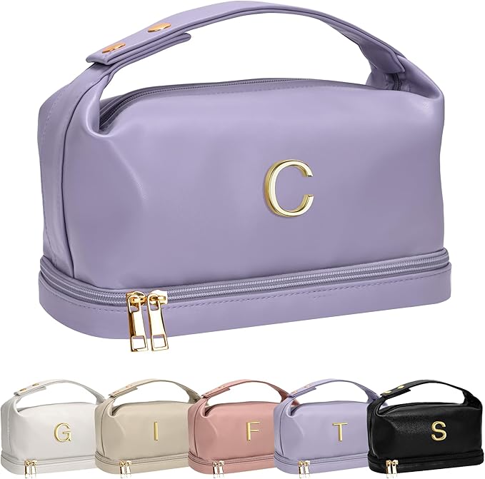 Gifts for Friends Female Mom, Letter Makeup Bag, Personalized Double Layer Cosmetic Bag with Makeup Brush Organizer, Waterproof, Large Capacity PU Leather Travel Toiletry Bag, Gift for Wife