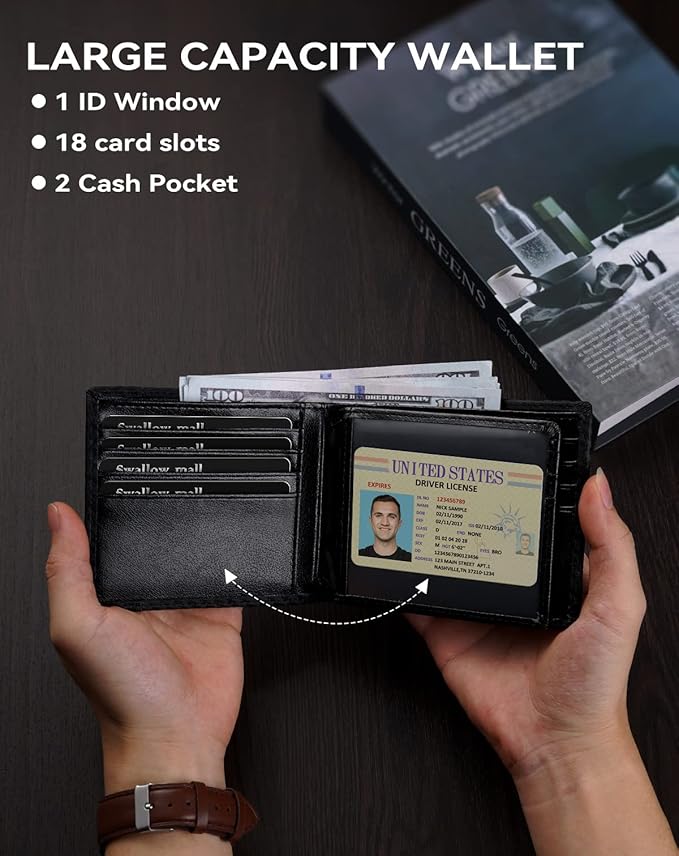 Swallowmall Mens Wallet Rfid Blocking Leather Wallet for Men Bifold Wallet Leather with 1 ID Window 16 Card Slot