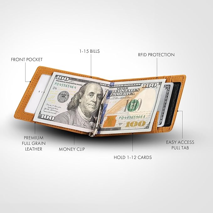 Kings Loot Money Clip Slim Minimalist Wallet for Men | RFID Blocking Leather Design with Money Clip | Front Pocket Bifold Holds 12 Cards | Stylish & Compact Wallets (Buckskin)