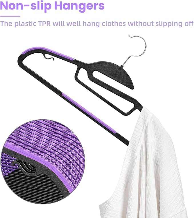 BAGAIL Plastic Hangers 50 Pack with Non-Slip Design,0.2 Inches Thick, 360°Swivel Hook Space Saving Organizer for Bedroom Closet,Shirts,Pants(Purple- S Shaped)